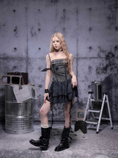 Gear-Bite Mesh Mini Dress V-Neck T-Shirt Long-Sleeve