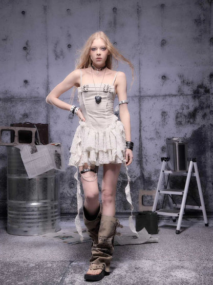 Gear-Bite Mesh Mini Dress V-Neck T-Shirt Long-Sleeve