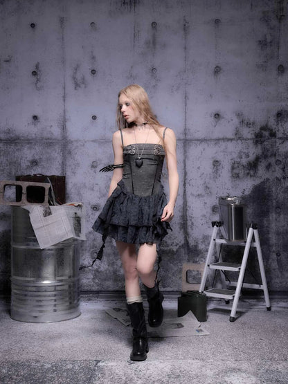 Gear-Bite Mesh Mini Dress V-Neck T-Shirt Long-Sleeve