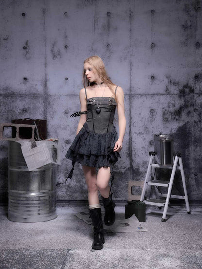 Gear-Bite Mesh Mini Dress V-Neck T-Shirt Long-Sleeve