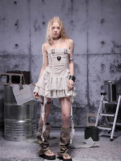 Gear-Bite Mesh Mini Dress V-Neck T-Shirt Long-Sleeve