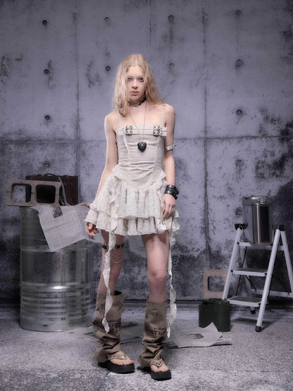 Gear-Bite Mesh Mini Dress V-Neck T-Shirt Long-Sleeve