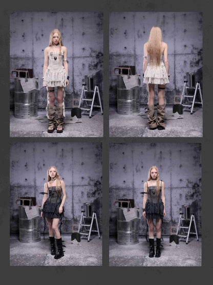 Gear-Bite Mesh Mini Dress V-Neck T-Shirt Long-Sleeve