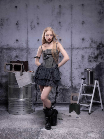 Gear-Bite Mesh Mini Dress V-Neck T-Shirt Long-Sleeve