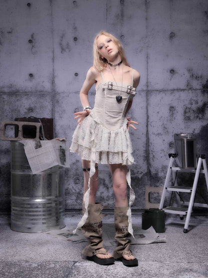 Gear-Bite Mesh Mini Dress V-Neck T-Shirt Long-Sleeve