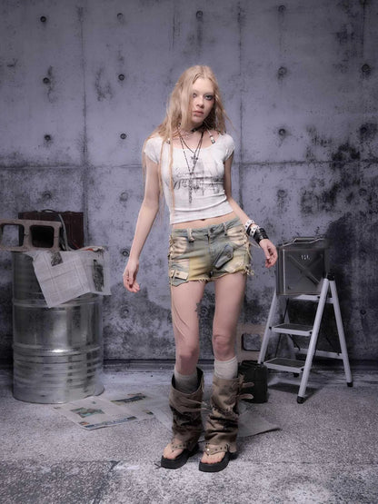 Gear Bite Distressed Denim Shorts