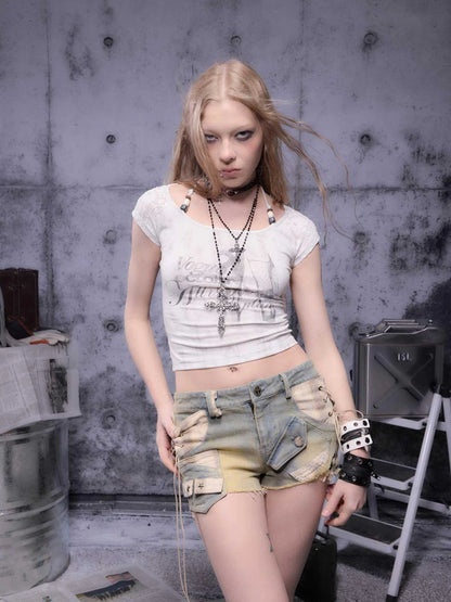 Gear Bite Distressed Denim Shorts