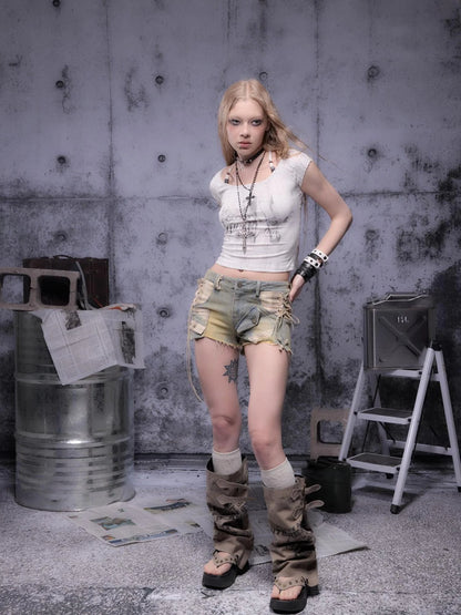 Gear Bite Distressed Denim Shorts