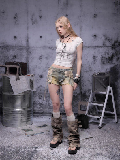 Gear Bite Distressed Denim Shorts