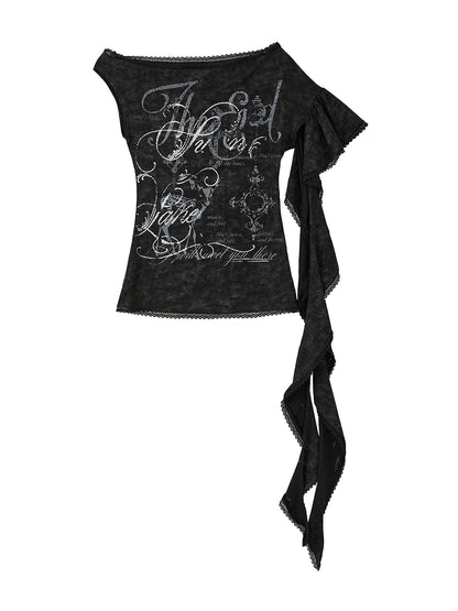 Gear Bite Marks Asymmetrical Punk Print V Neck T Shirt Long Sleeve