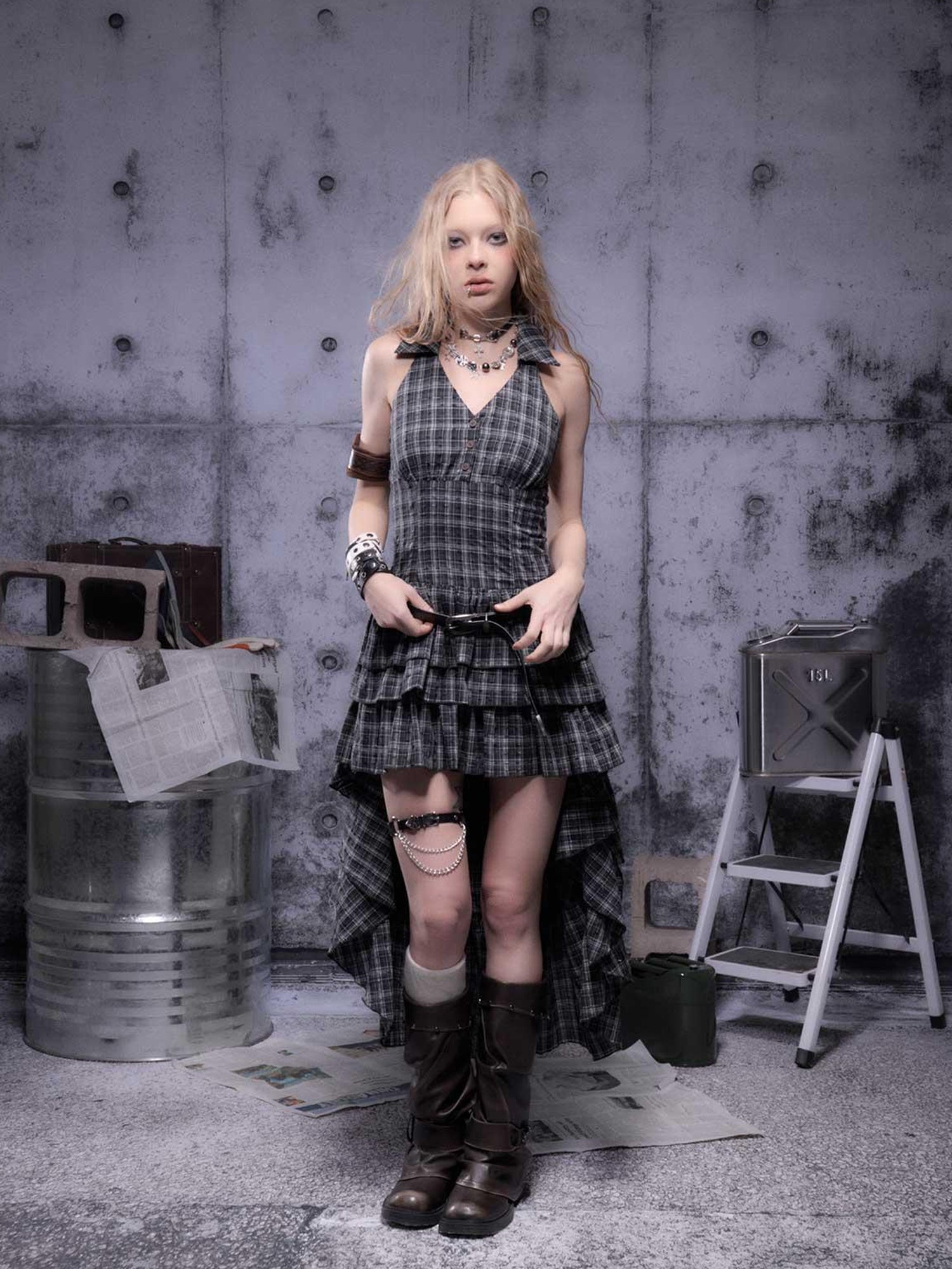 ALL iN plan Gear Marked Asymmetrical Punk Neckholder Dress