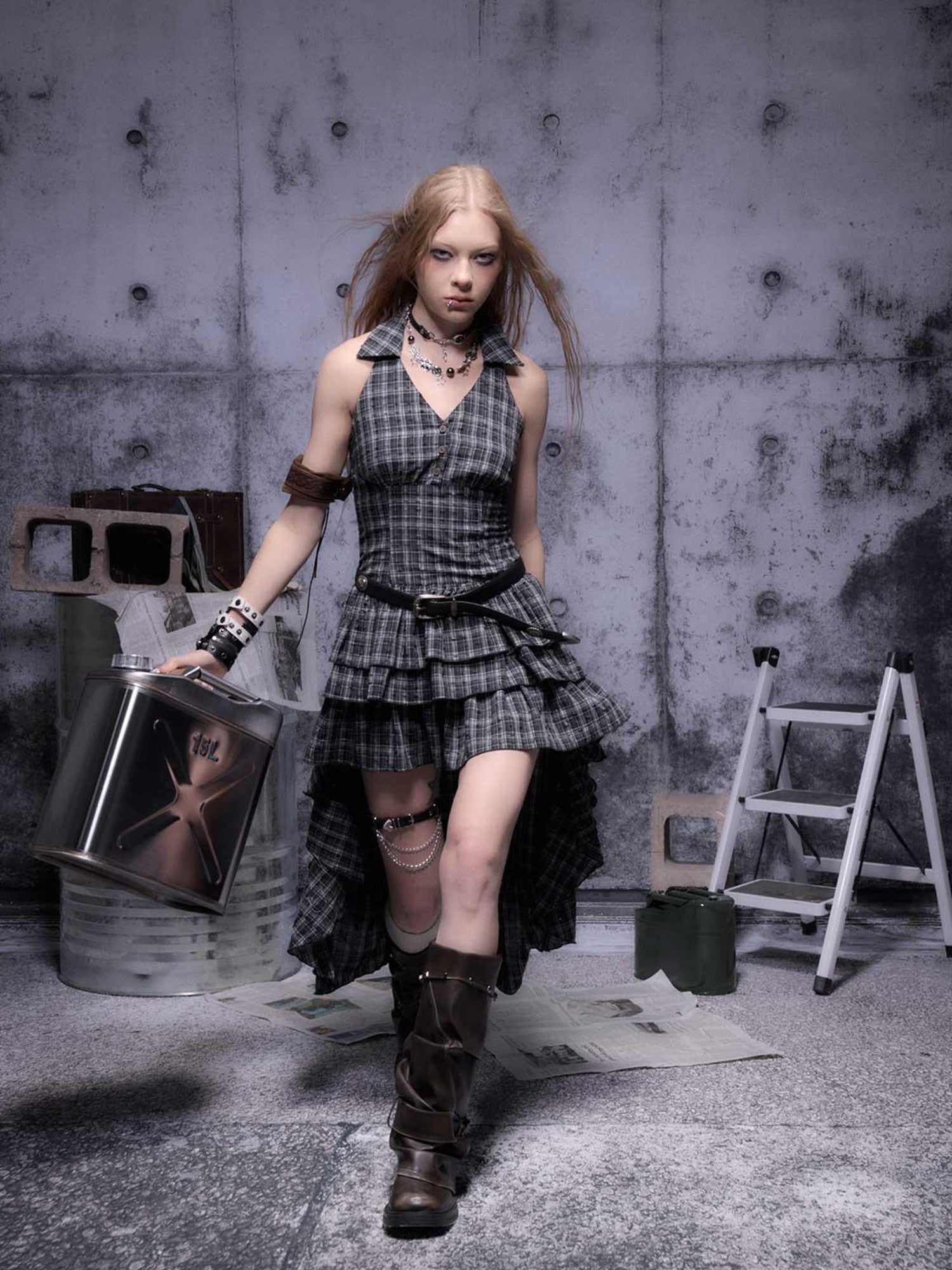 ALL iN plan Gear Marked Asymmetrical Punk Neckholder Dress