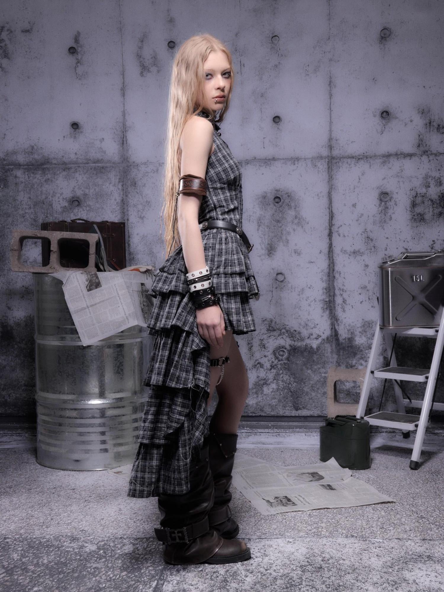 ALL iN plan Gear Marked Asymmetrical Punk Neckholder Dress