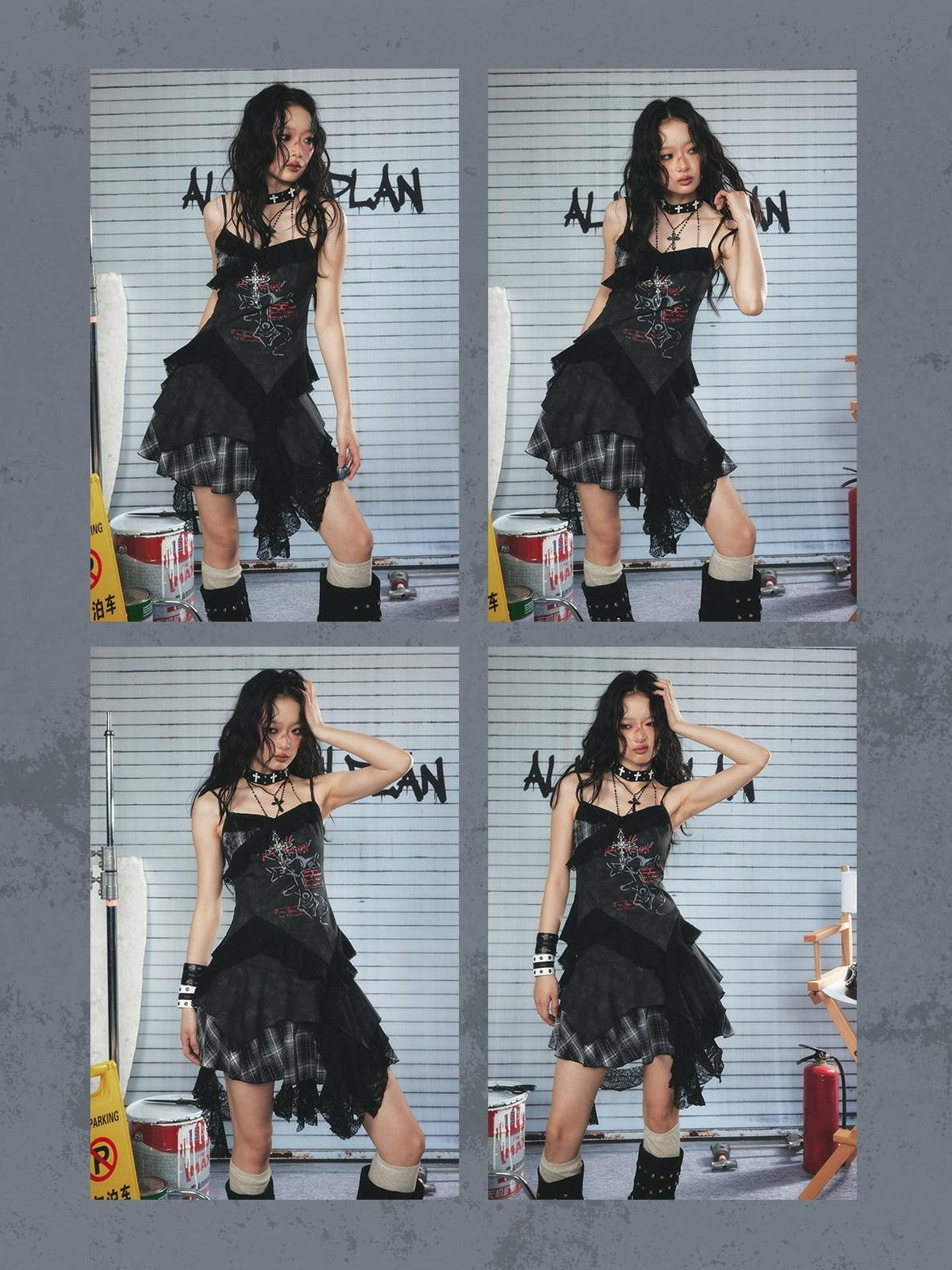 ALL iN plan Gothic Tie Dye Rhinestone Asymmetric High Waist Women&