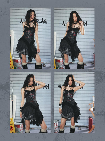 ALL iN plan Gothic Tie Dye Rhinestone Asymmetric High Waist Women&
