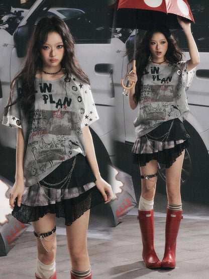 ALL iN plan Graffiti Print Vintage Washed Women&