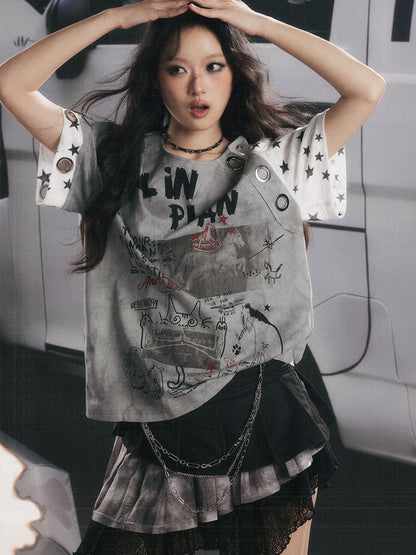 ALL iN plan Graffiti Print Vintage Washed Women&