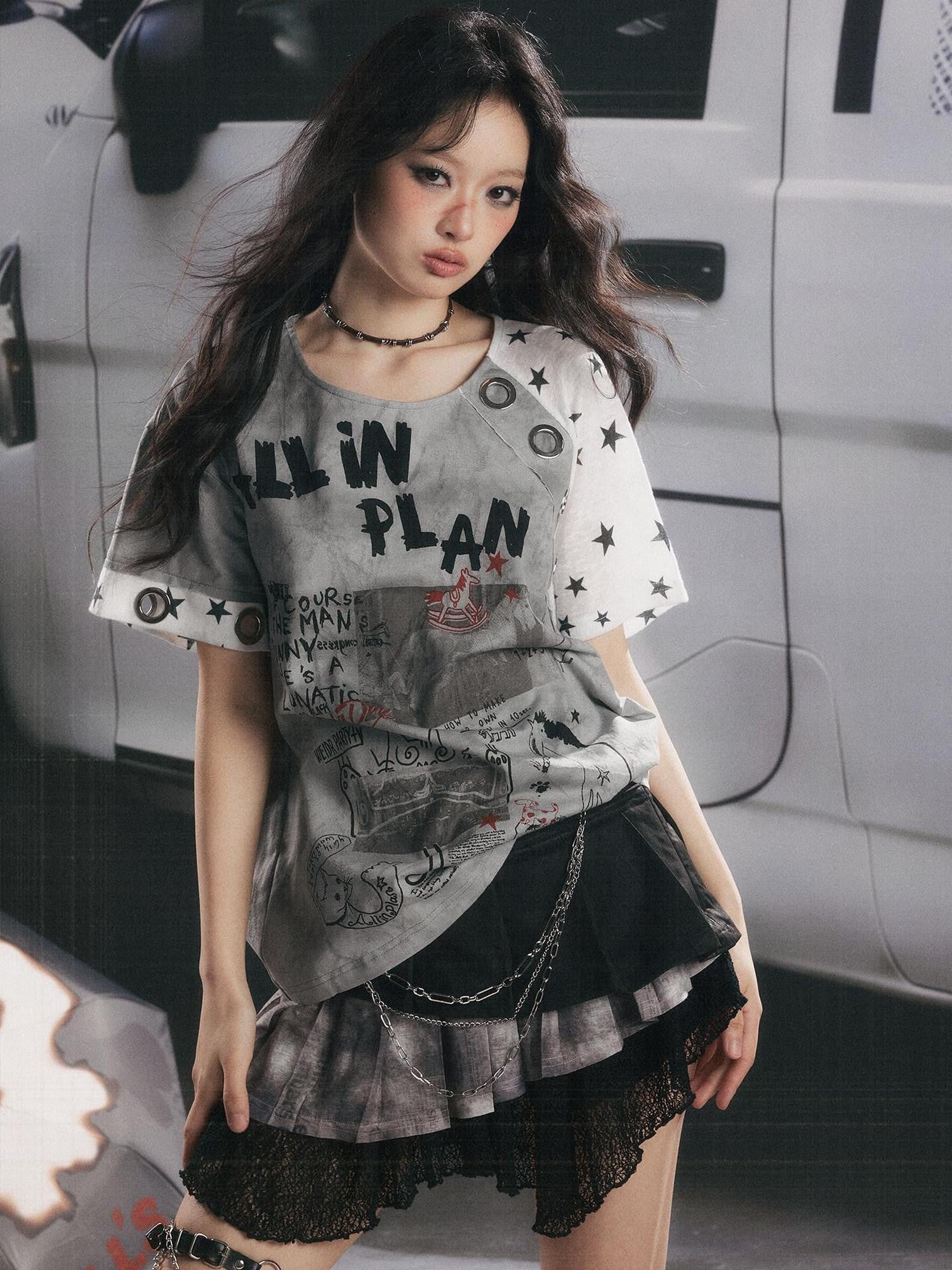 ALL iN plan Graffiti Print Vintage Washed Women&