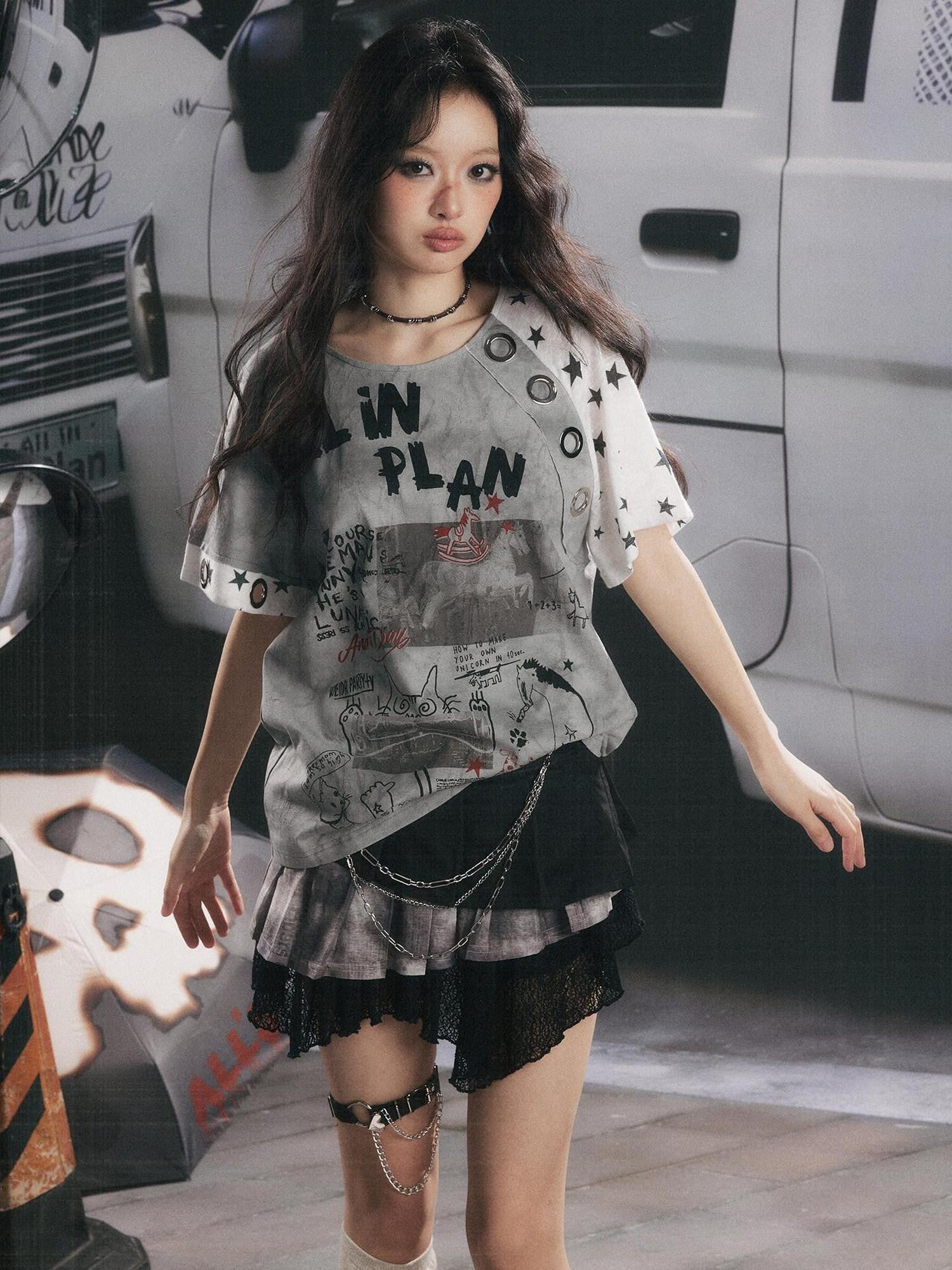ALL iN plan Graffiti Print Vintage Washed Women&