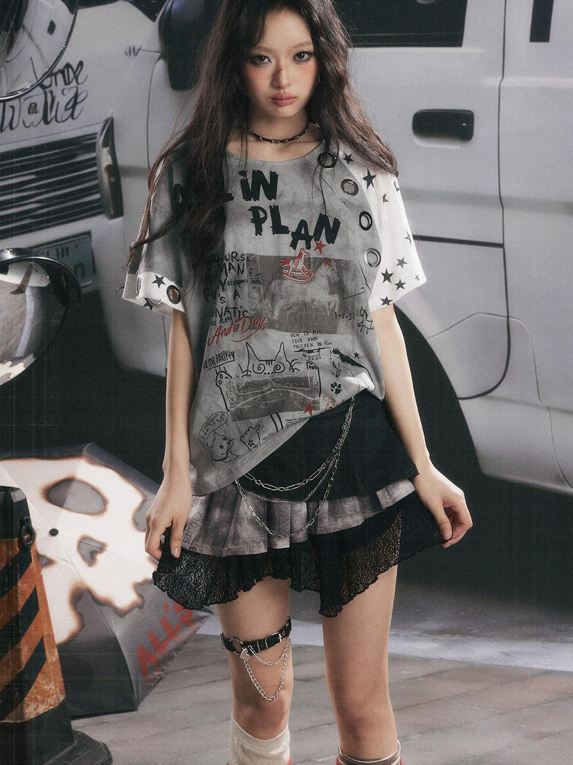 ALL iN plan Graffiti Print Vintage Washed Women&