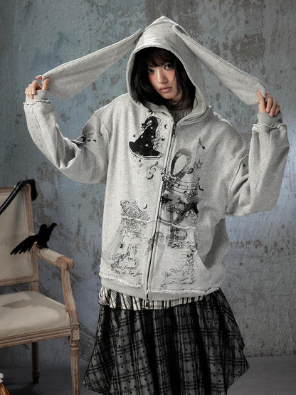 ALL iN plan Gray Detachable Hood Oversized Loose Women&