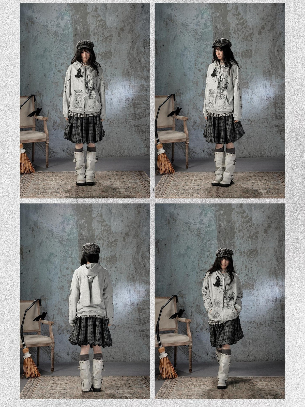 ALL iN plan Gray Detachable Hood Oversized Loose Women&