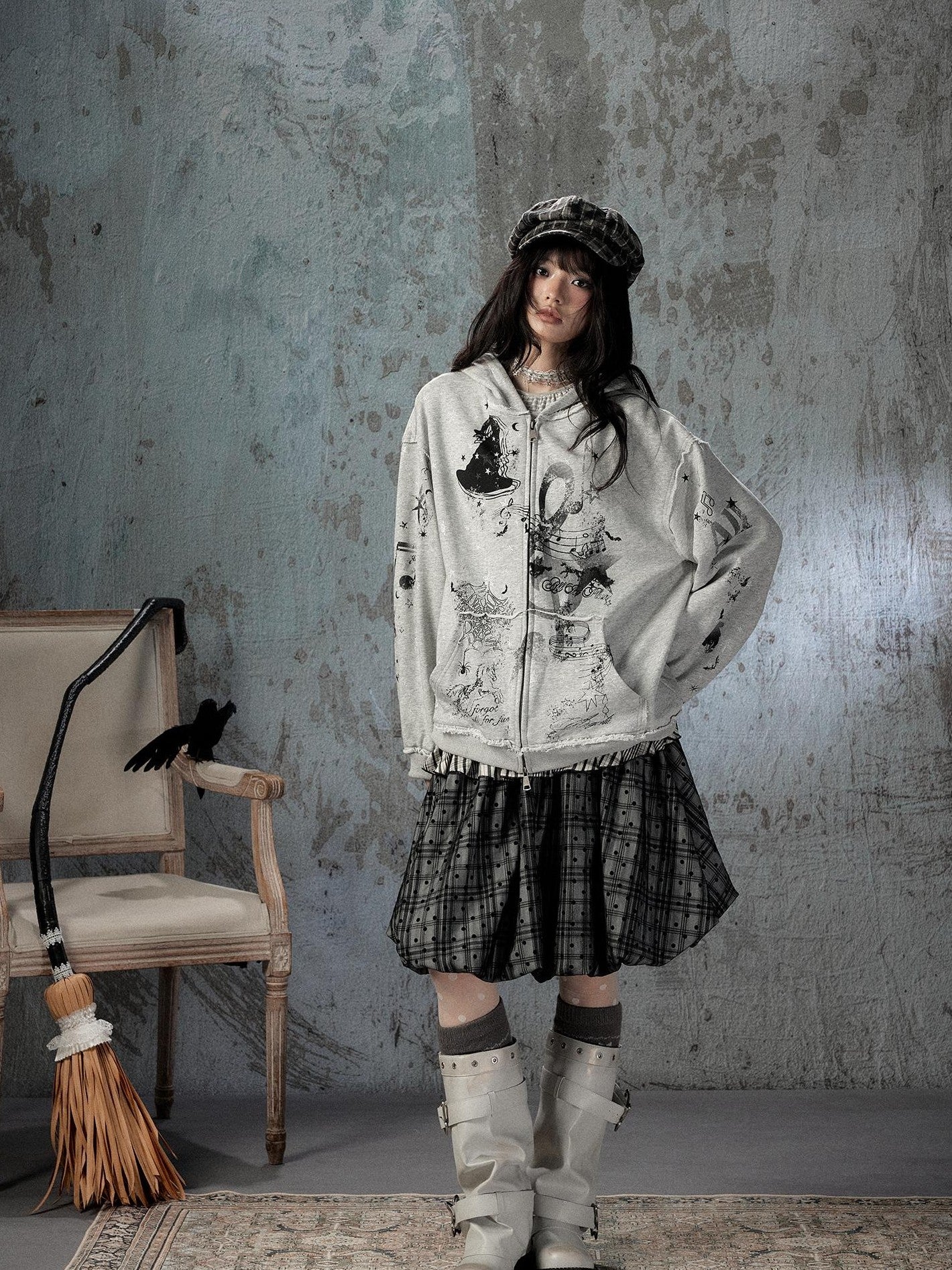 ALL iN plan Gray Detachable Hood Oversized Loose Women&