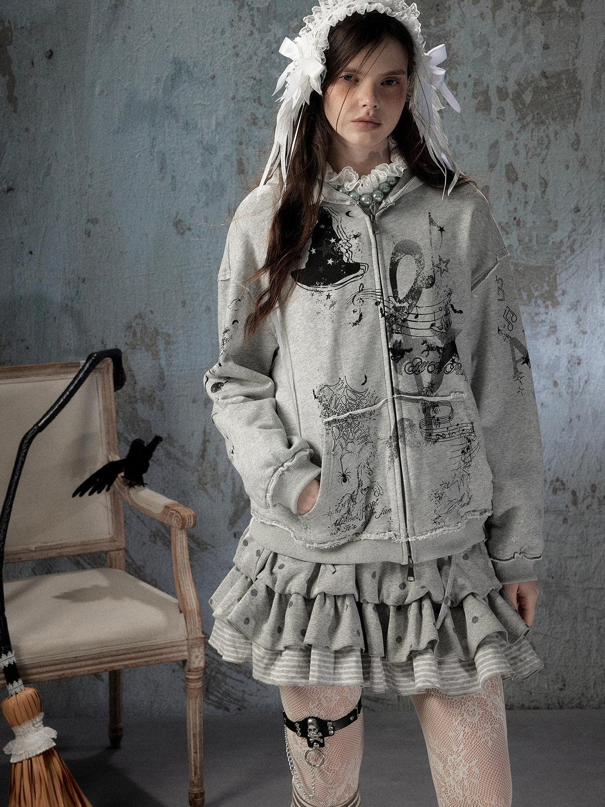 ALL iN plan Gray Detachable Hood Oversized Loose Women&