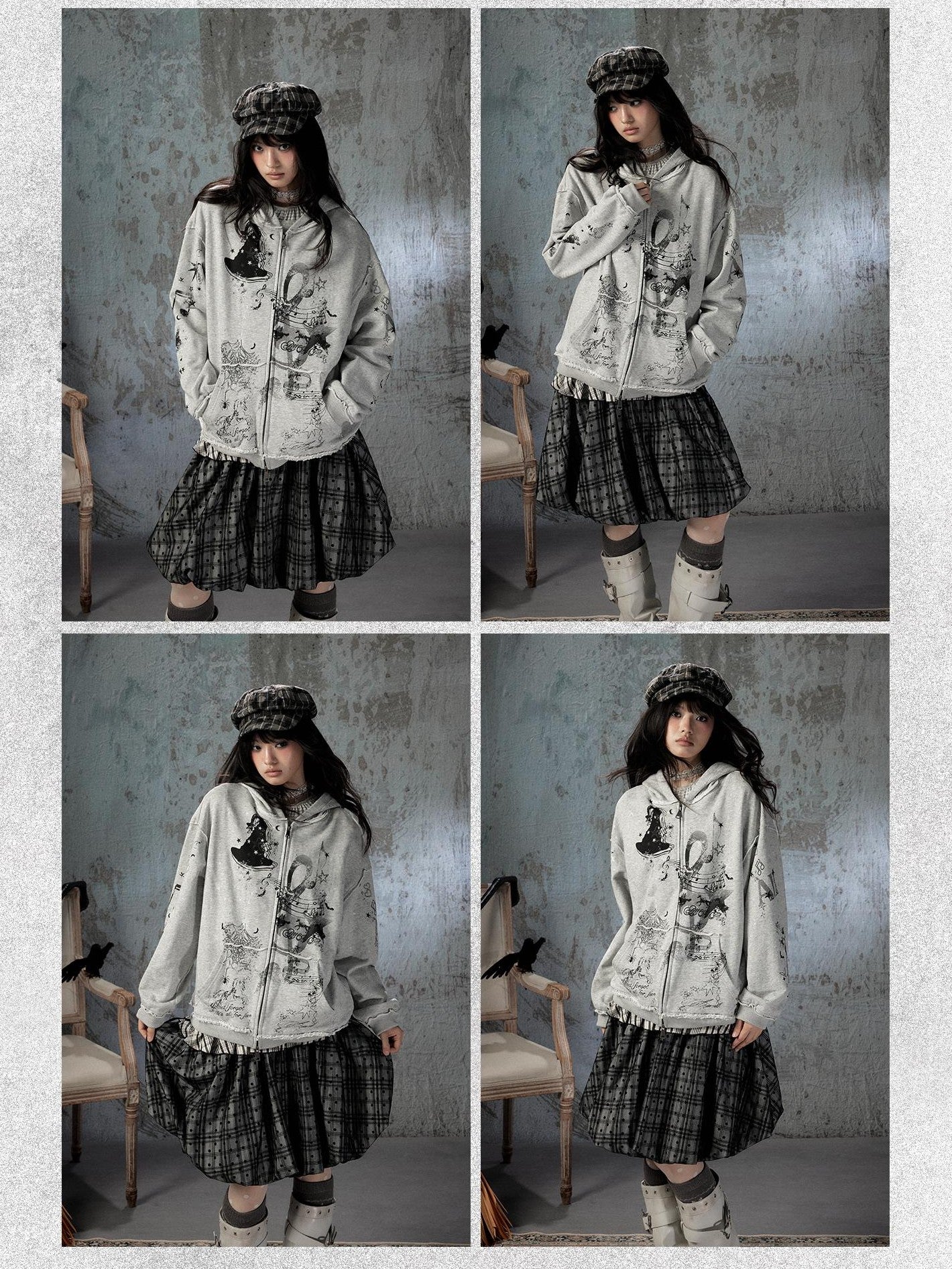 ALL iN plan Gray Detachable Hood Oversized Loose Women&