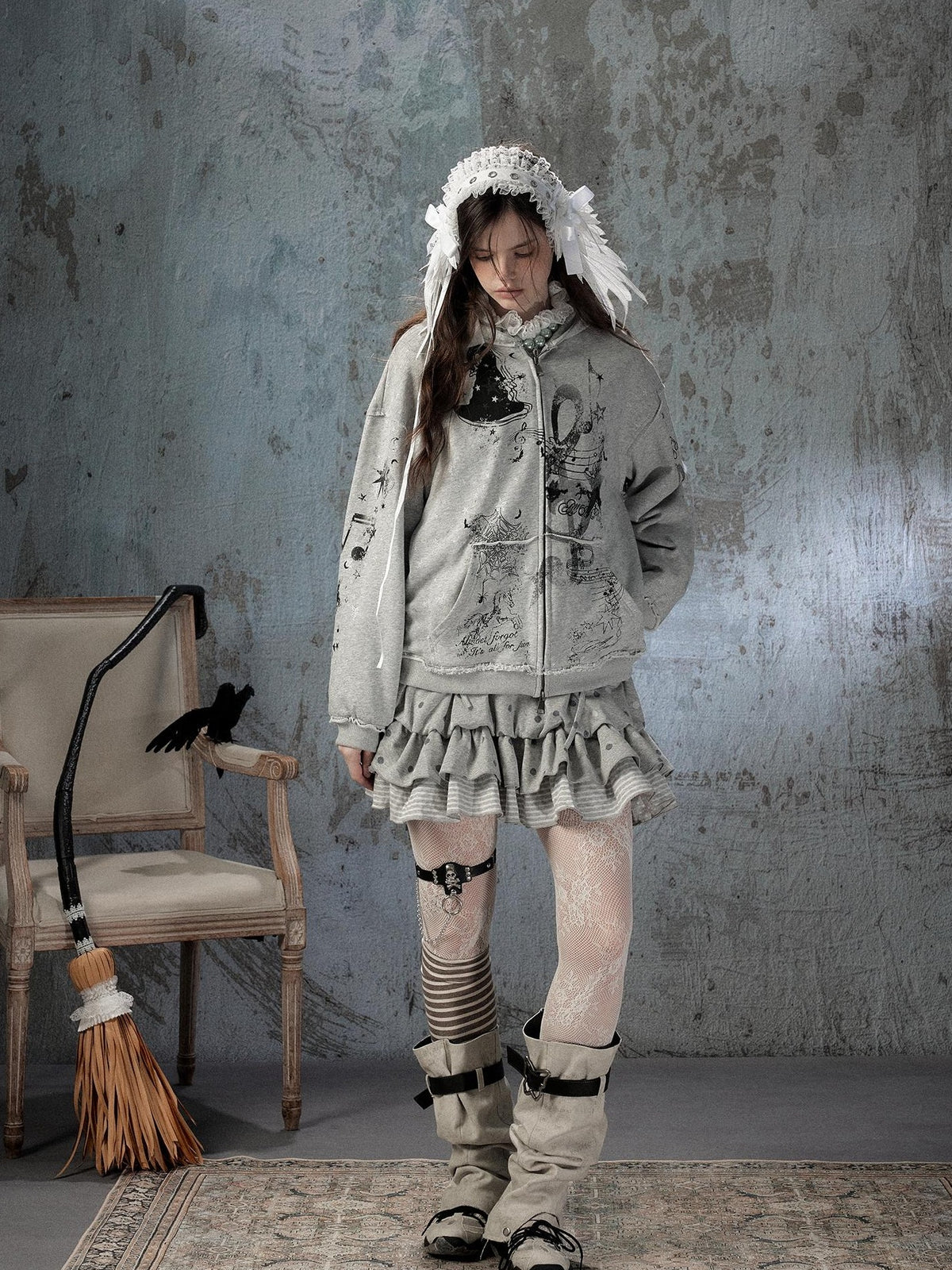 ALL iN plan Gray Detachable Hood Oversized Loose Women&