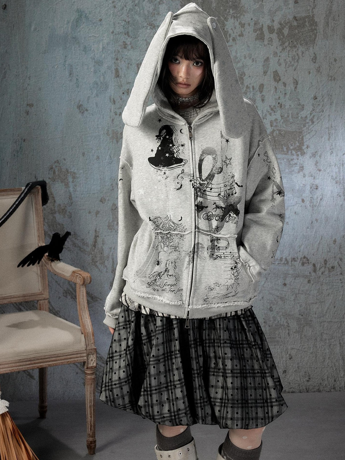 ALL iN plan Gray Detachable Hood Oversized Loose Women&