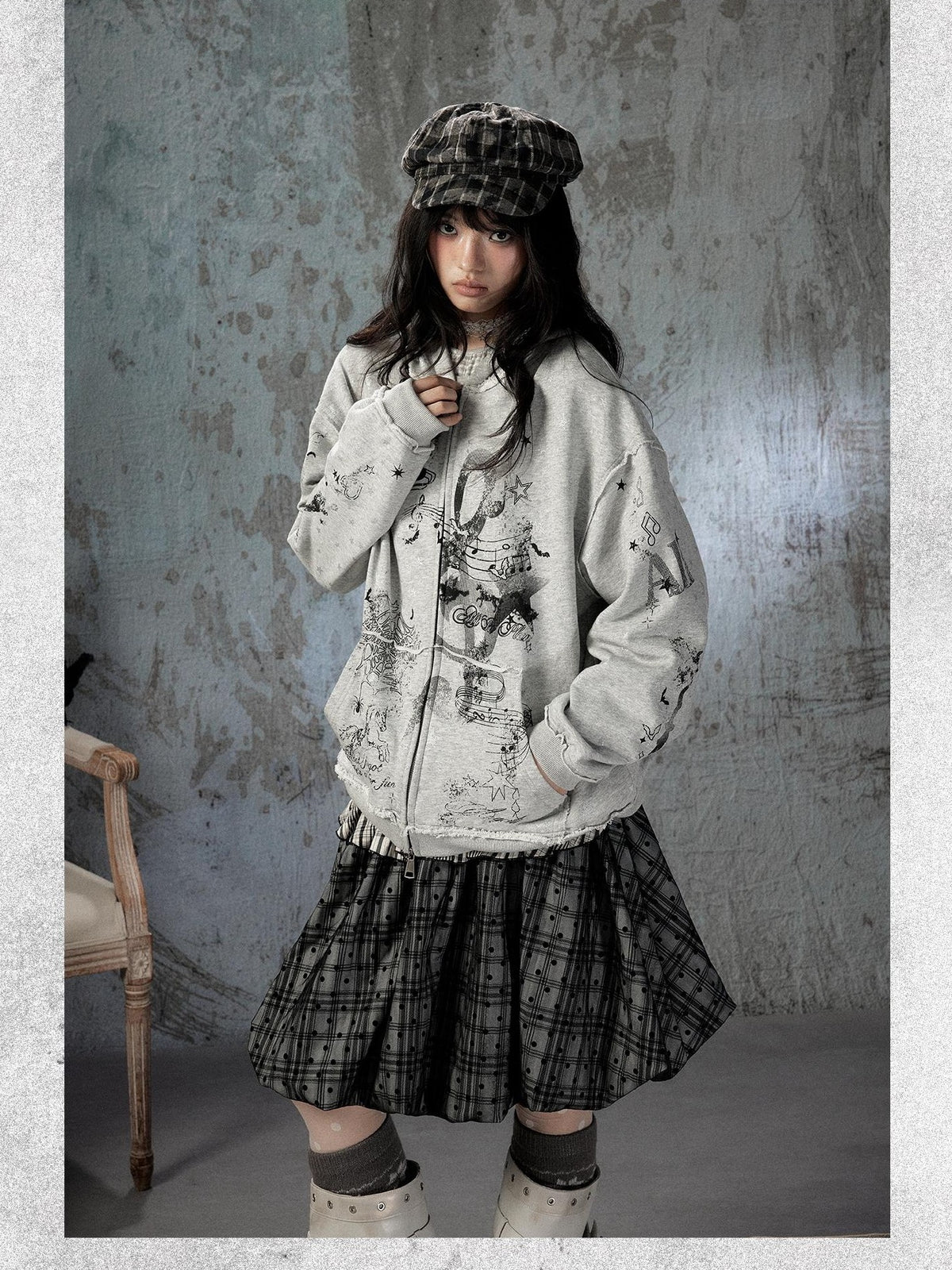 ALL iN plan Gray Detachable Hood Oversized Loose Women&