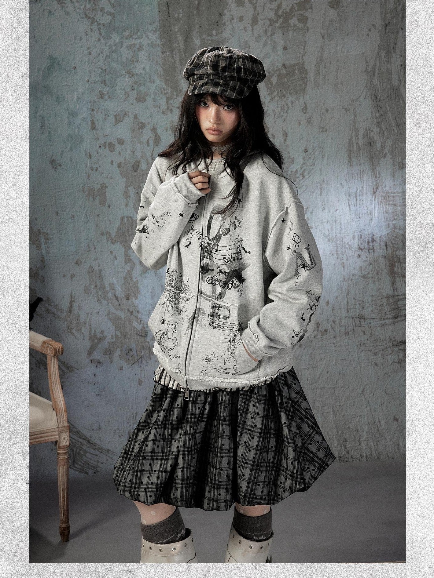 ALL iN plan Gray Detachable Hood Oversized Loose Women&