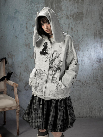 ALL iN plan Gray Detachable Hood Oversized Loose Women&