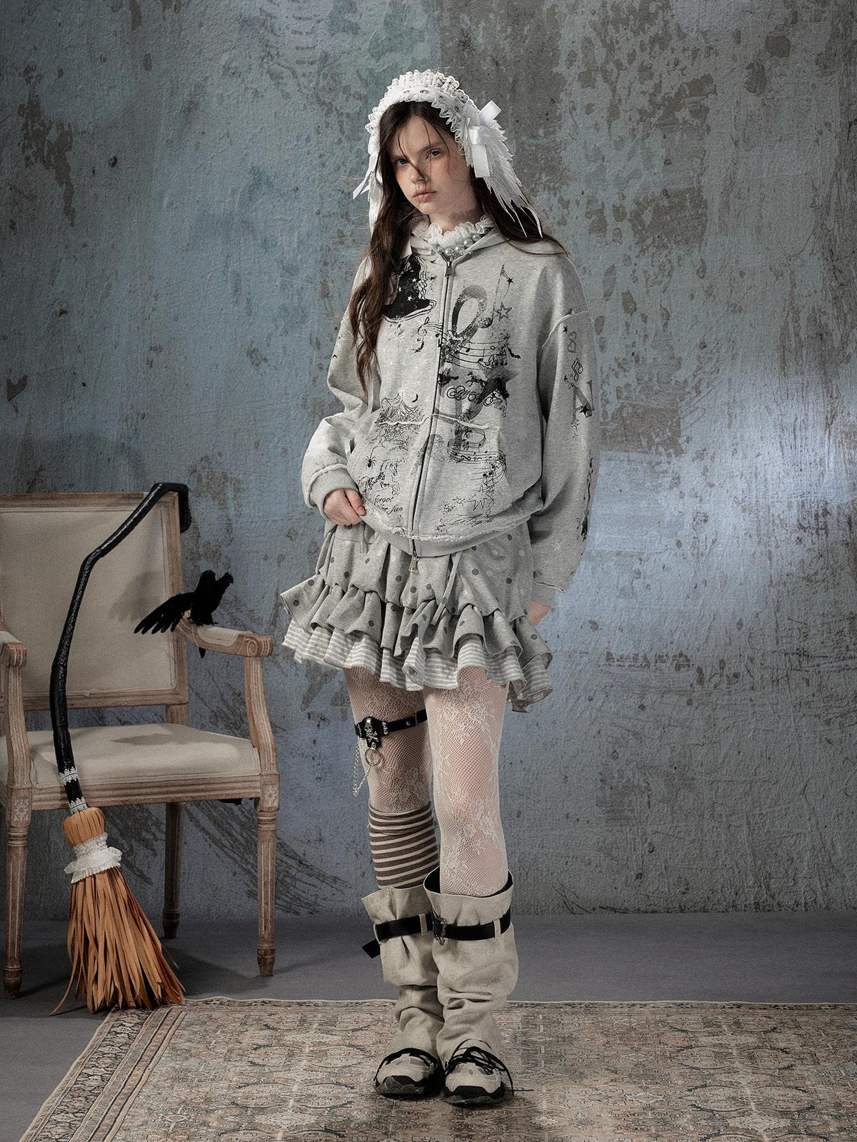 ALL iN plan Gray Detachable Hood Oversized Loose Women&