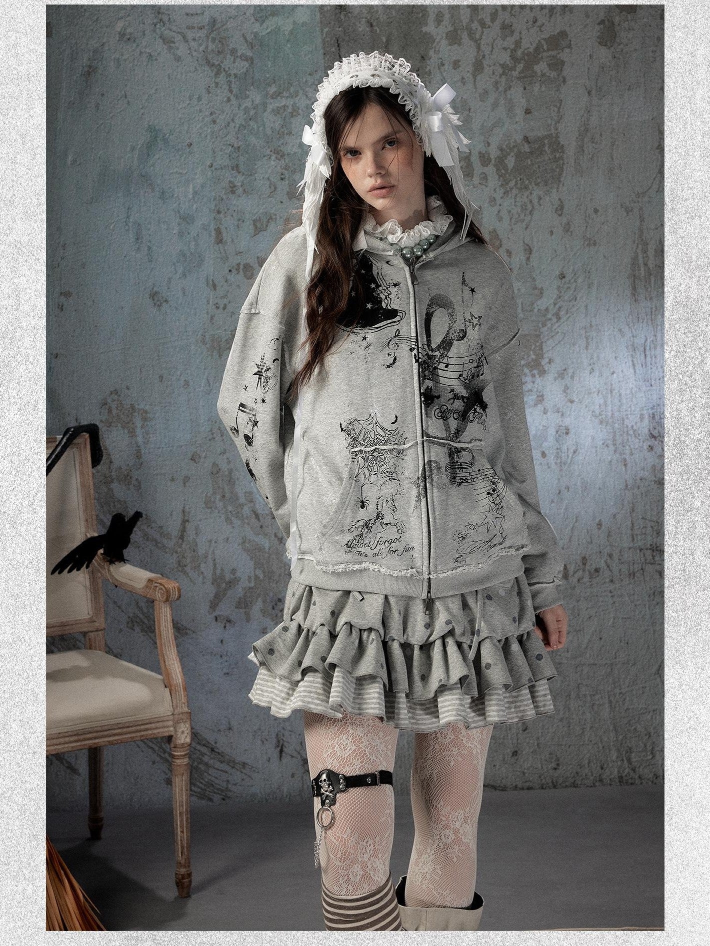 ALL iN plan Gray Detachable Hood Oversized Loose Women&