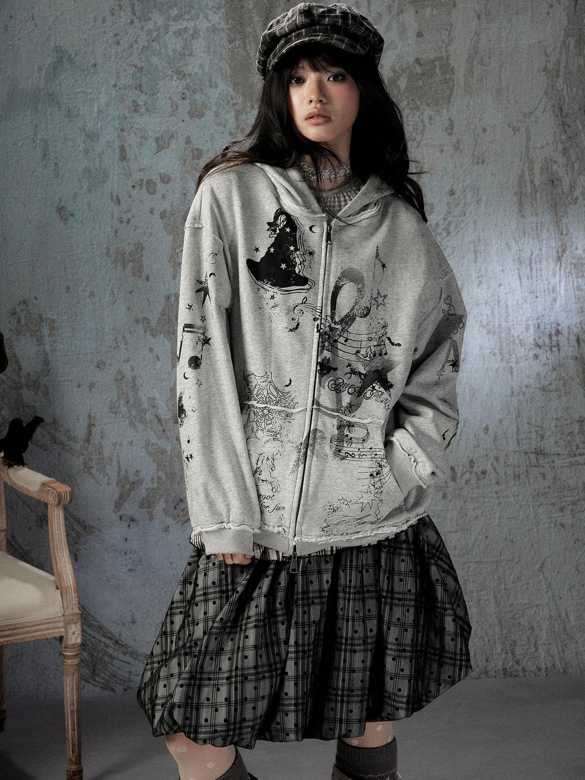 ALL iN plan Gray Detachable Hood Oversized Loose Women&