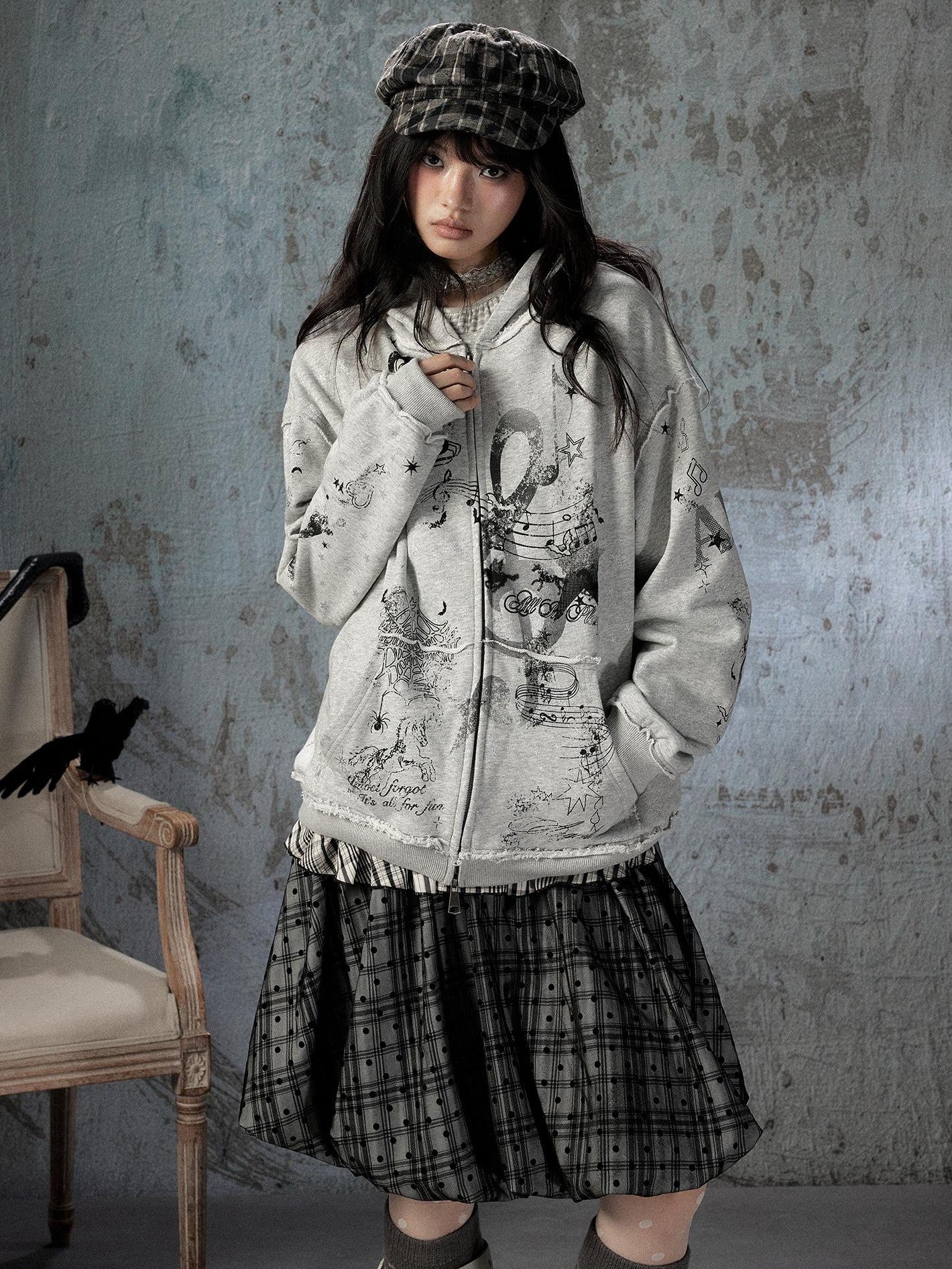 ALL iN plan Gray Detachable Hood Oversized Loose Women&