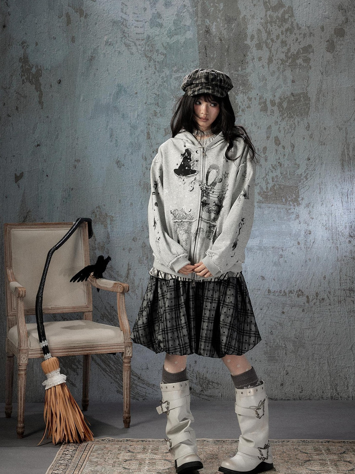 ALL iN plan Gray Detachable Hood Oversized Loose Women&