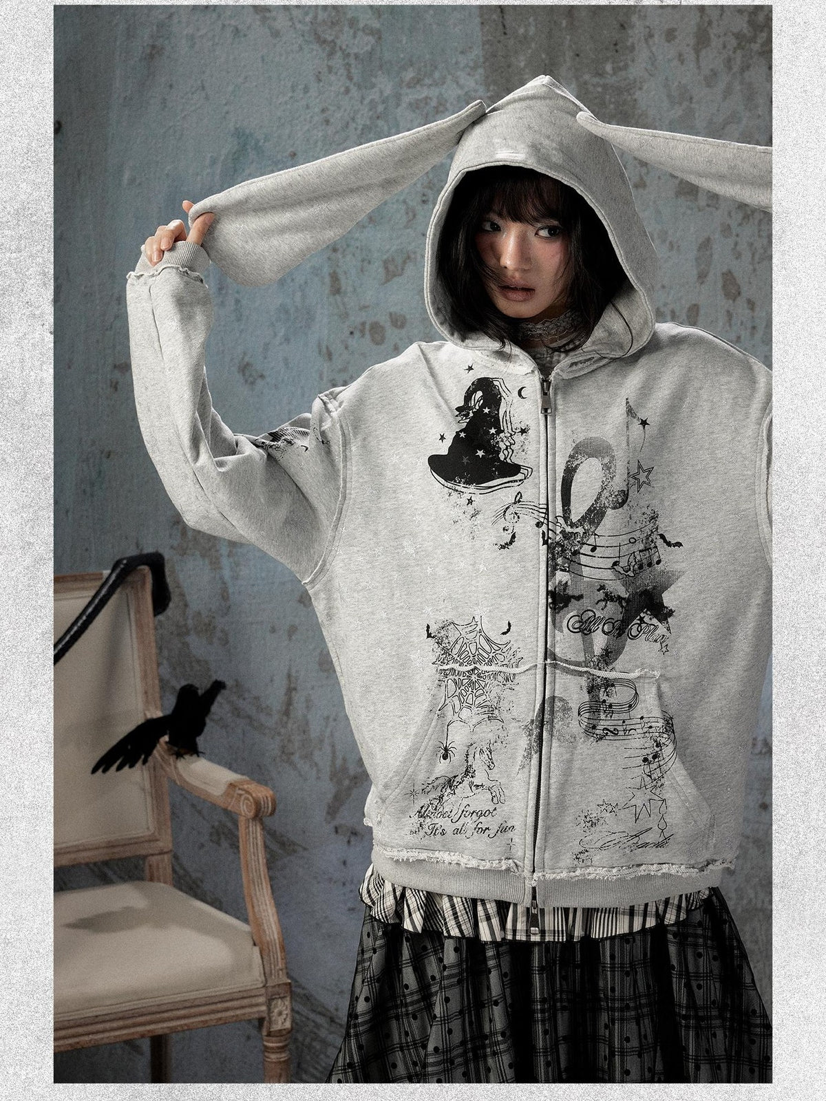 ALL iN plan Gray Detachable Hood Oversized Loose Women&
