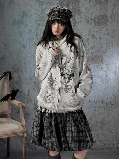 ALL iN plan Gray Detachable Hood Oversized Loose Women&