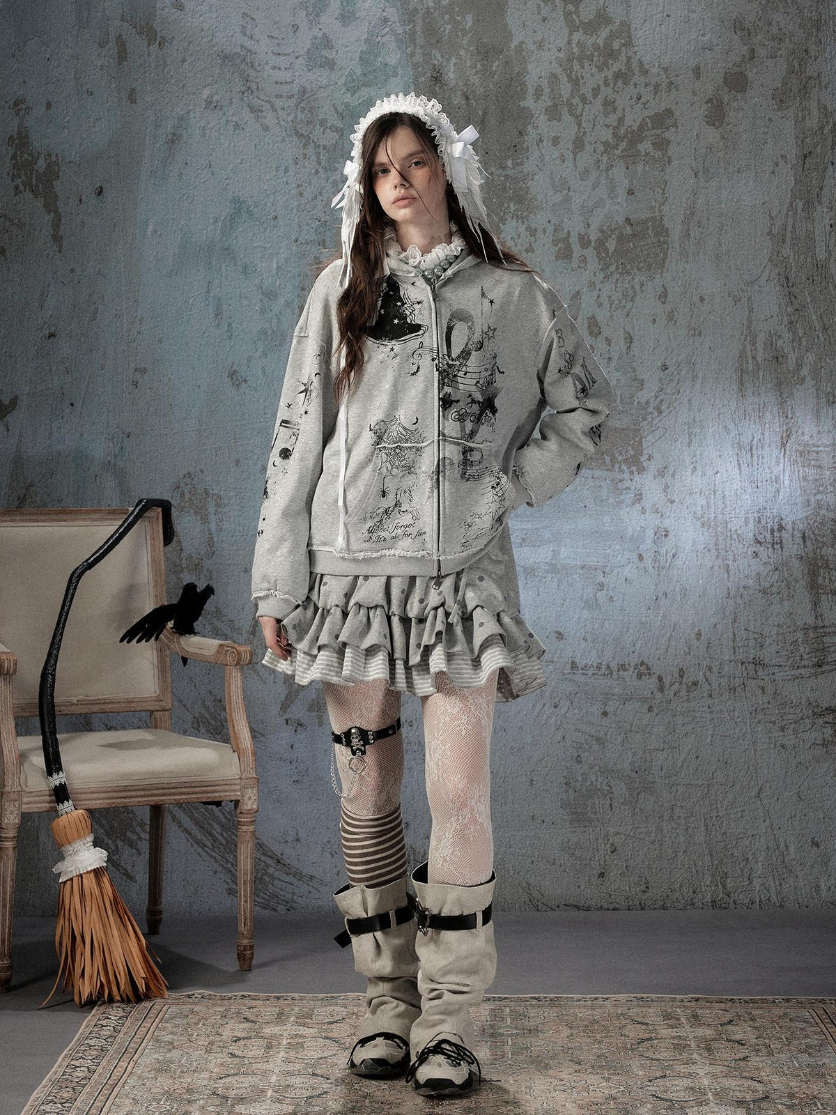 ALL iN plan Gray Detachable Hood Oversized Loose Women&