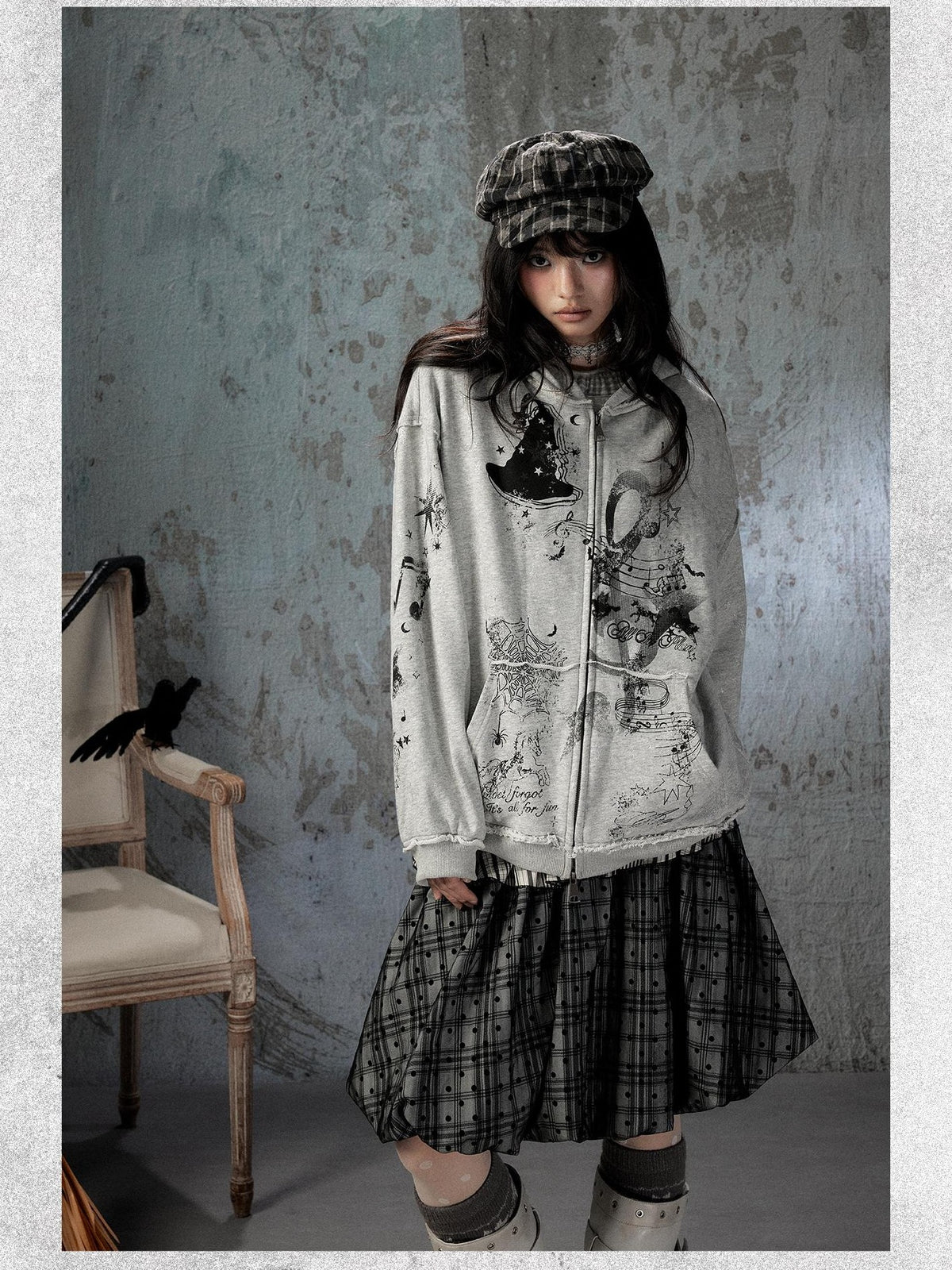 ALL iN plan Gray Detachable Hood Oversized Loose Women&