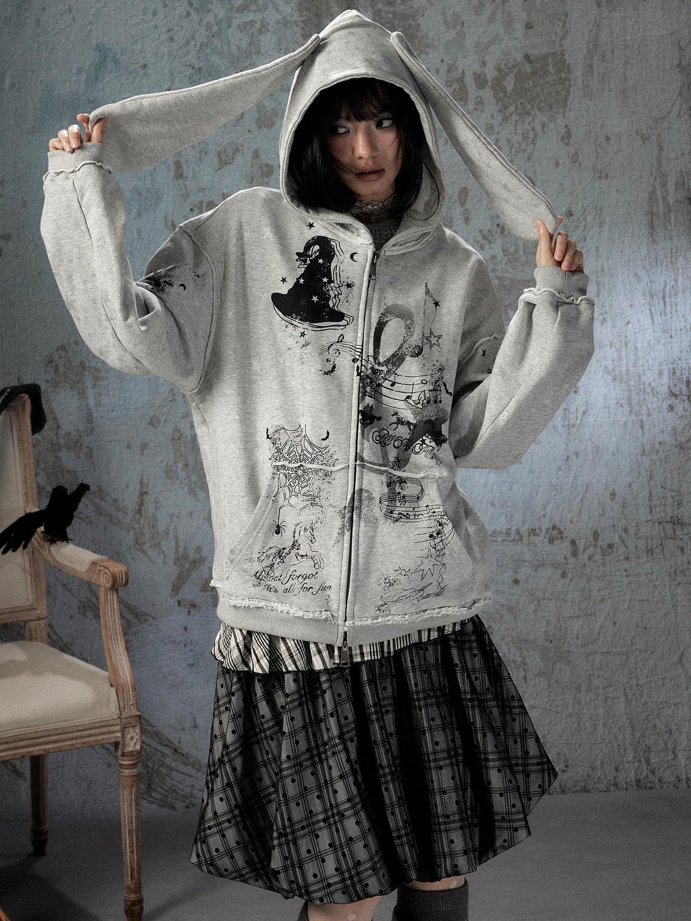 ALL iN plan Gray Detachable Hood Oversized Loose Women&