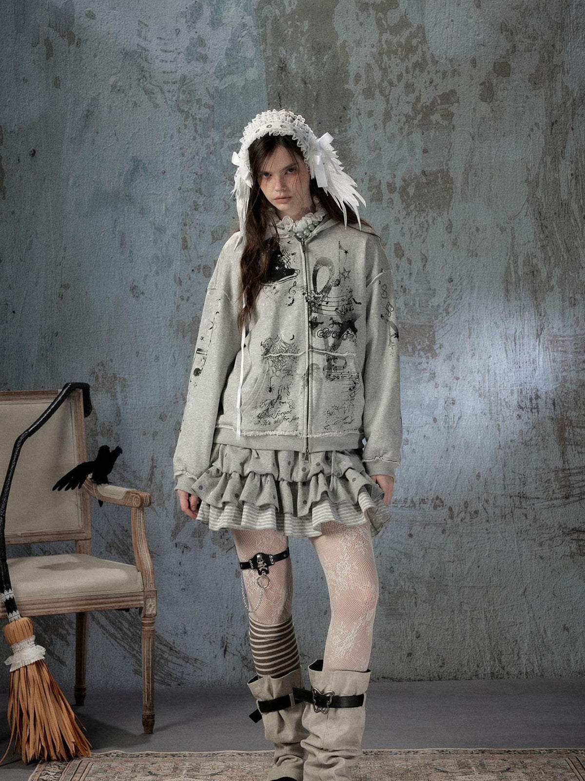 ALL iN plan Gray Detachable Hood Oversized Loose Women&