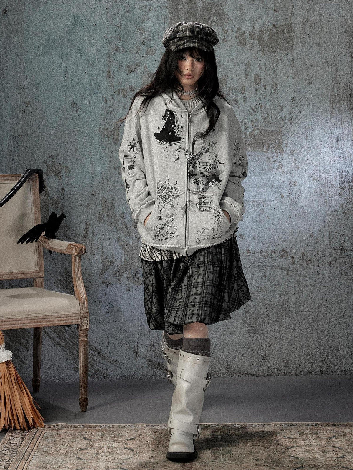 ALL iN plan Gray Detachable Hood Oversized Loose Women&