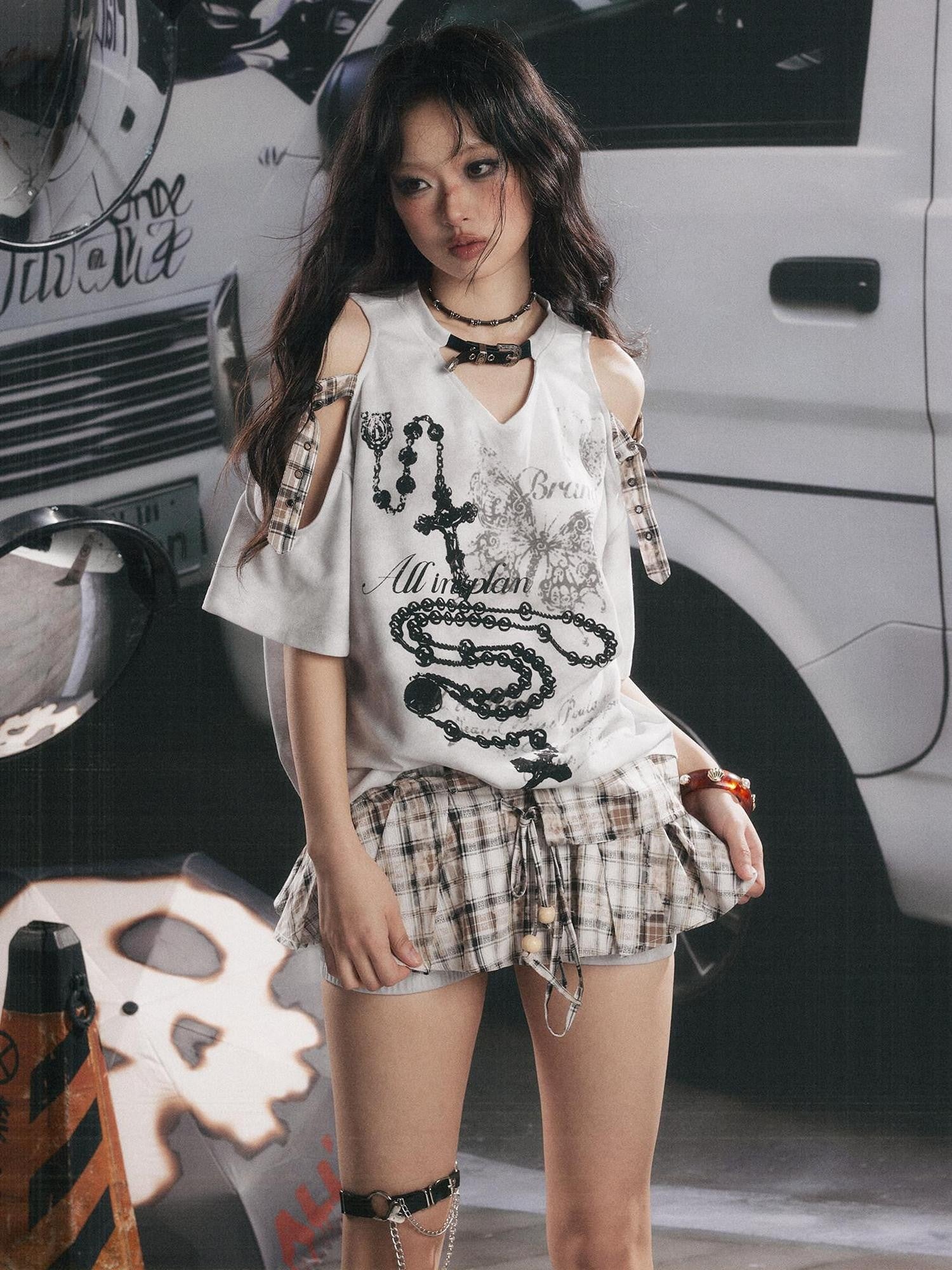 ALL iN plan Gray White Off Shoulder Plaid Patchwork Women&