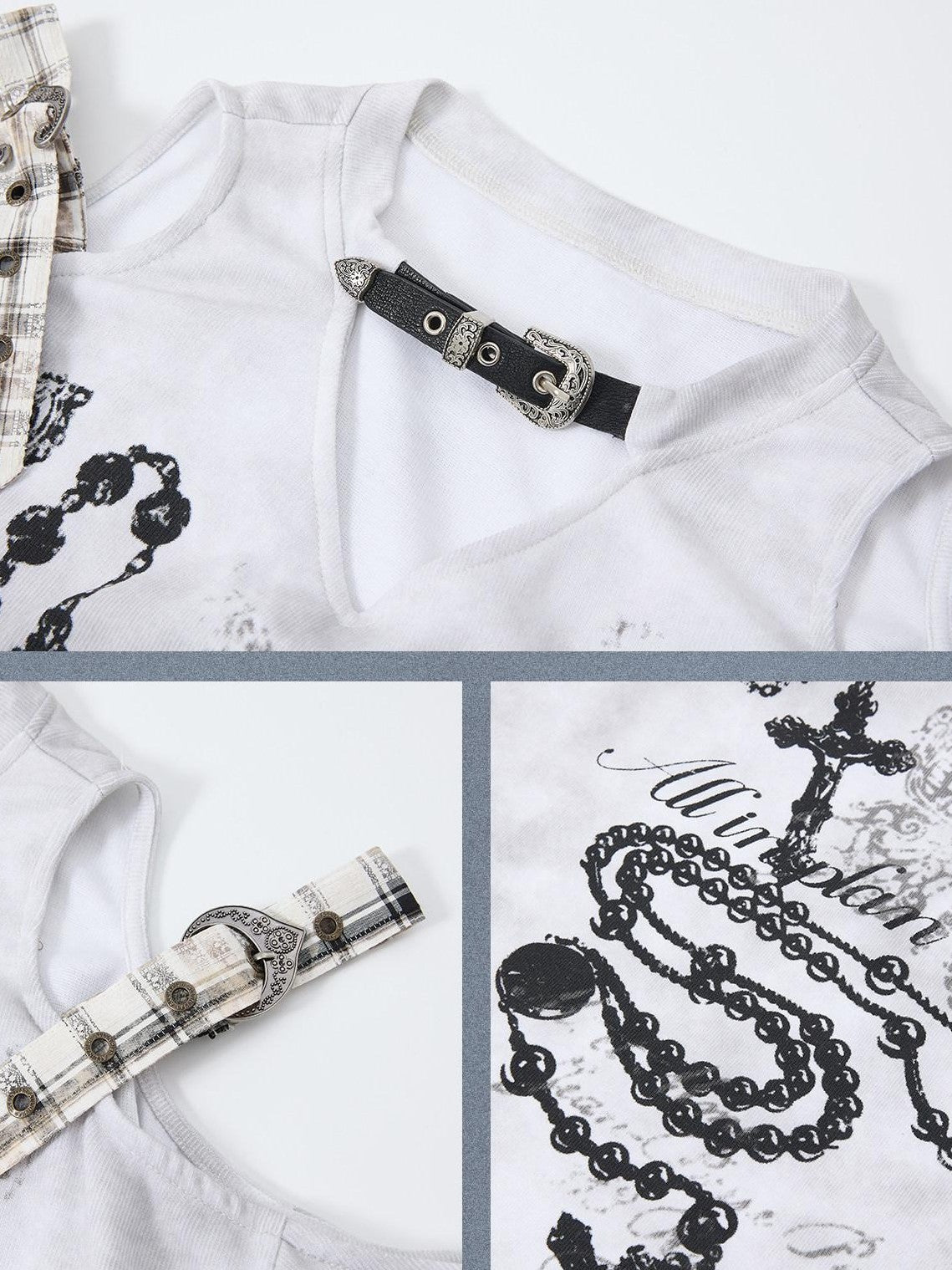 ALL iN plan Gray White Off Shoulder Plaid Patchwork Women&
