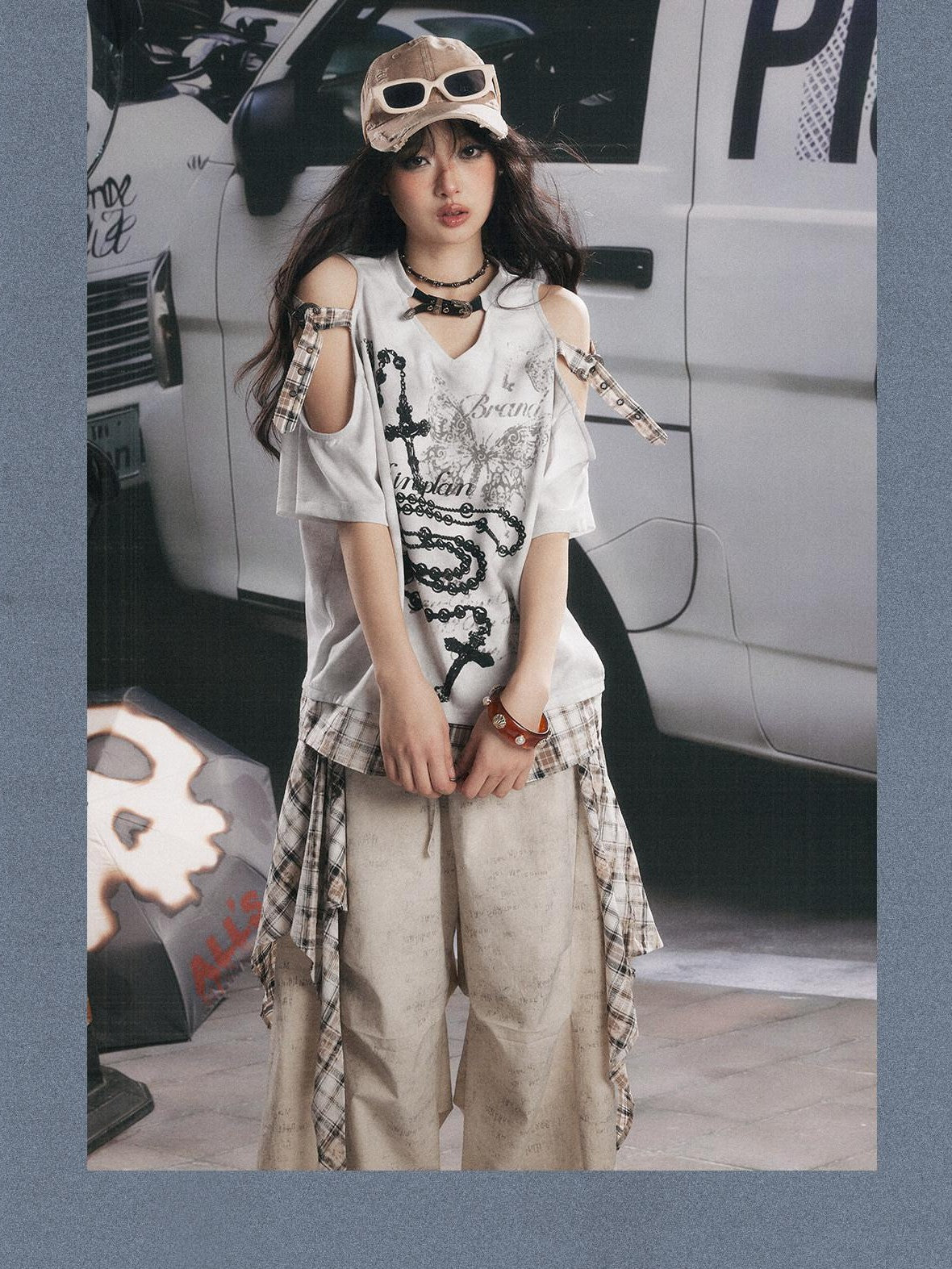 ALL iN plan Gray White Off Shoulder Plaid Patchwork Women&