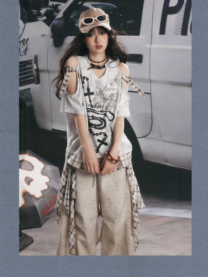 ALL iN plan Gray White Off Shoulder Plaid Patchwork Women&